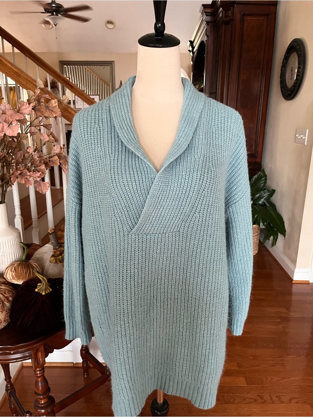 Talbots Light Blue Ribbed Shawl Collar Sweater